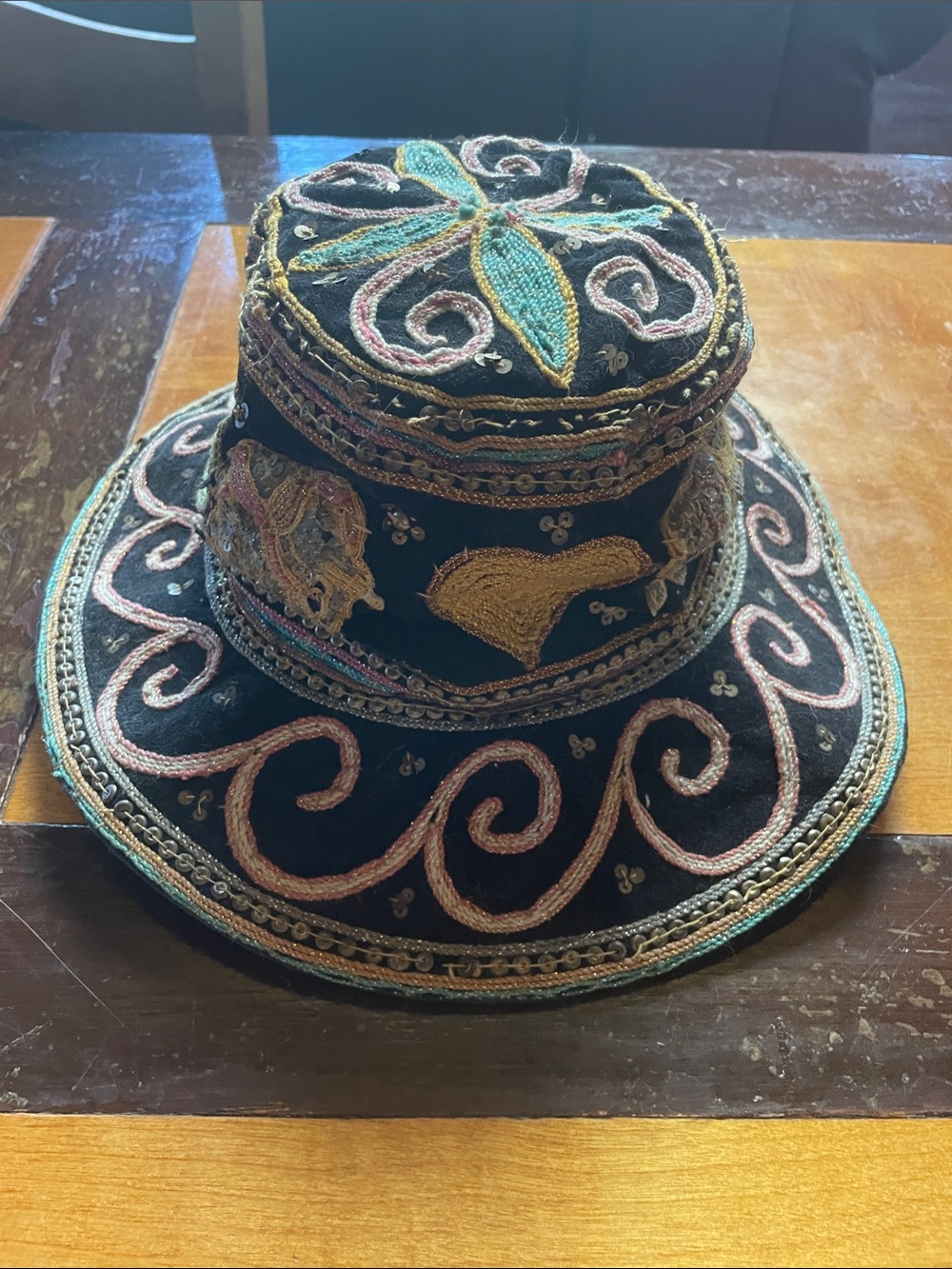 Embroidered Black Decorative Hat with Multicolor Accents